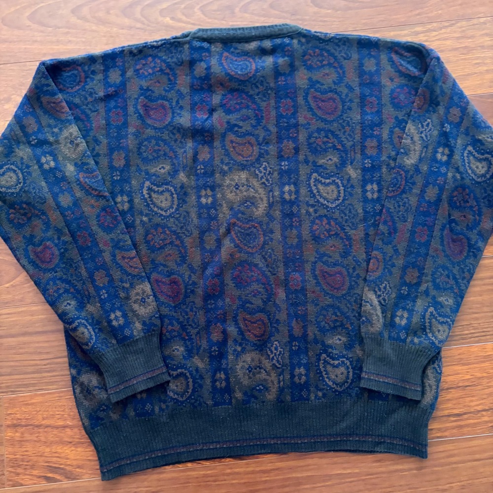 Vintage Made in Italy Mens XL Paisley Wool Blend Sweater Crewneck Blue Brown Y2K - Picture 5 of 7